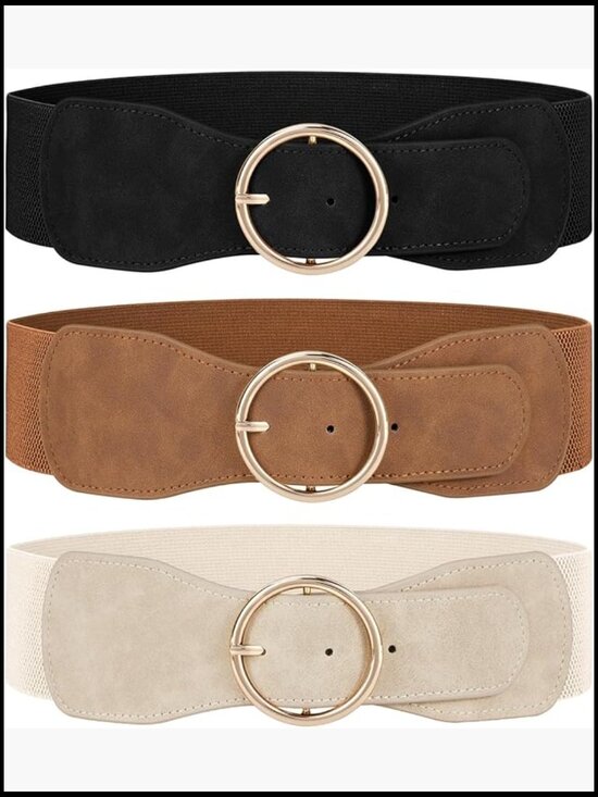 3 Pack Women Wide Elastic Waist Belt with Gold Round Buckle main image 3